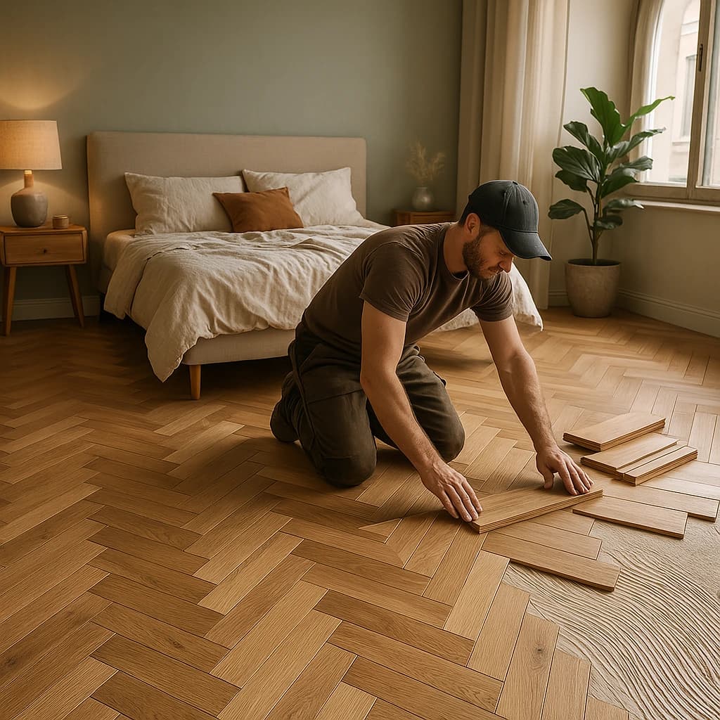 Projet : Parquet contrecollé en chevrons (Chambre – Marly)